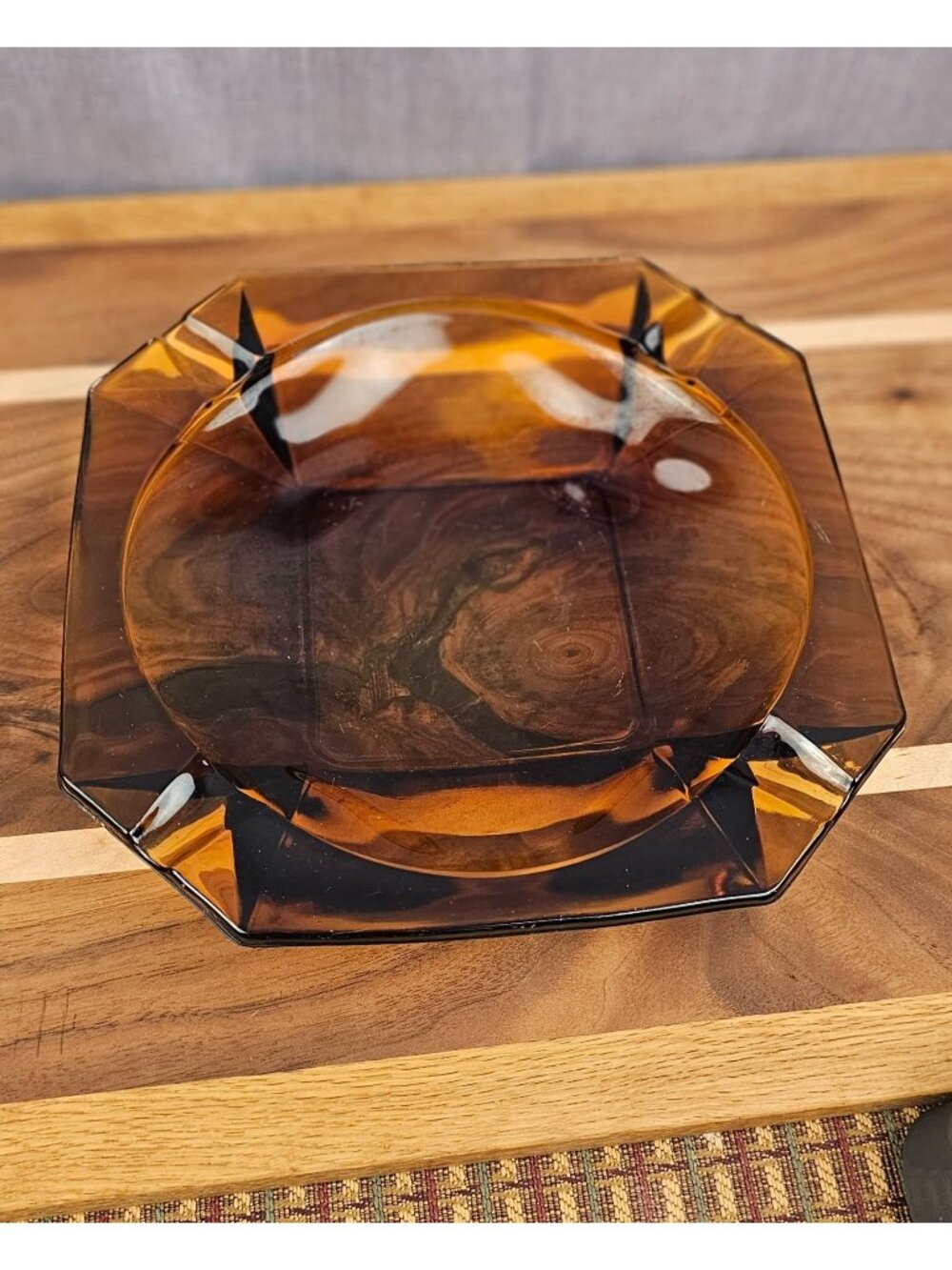 Amber Glass Octagonal Ashtray With Geometric Design 8" Diameter Vintage